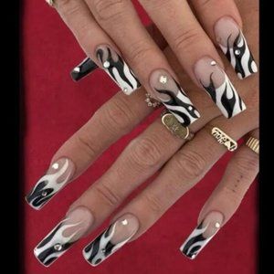 🔥 HOT BLACK FLAMES Light Pink Medium Press On Nails